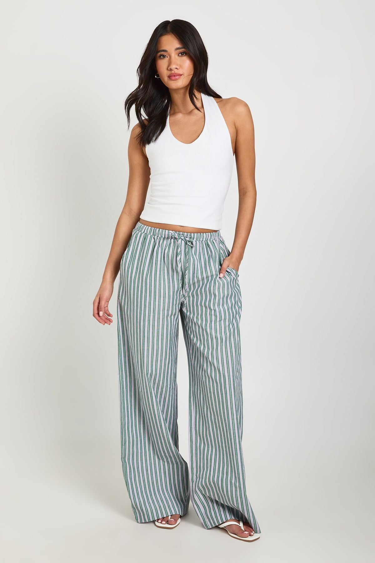 Woven Stripe Elasticated Waist Wide Leg Trouser